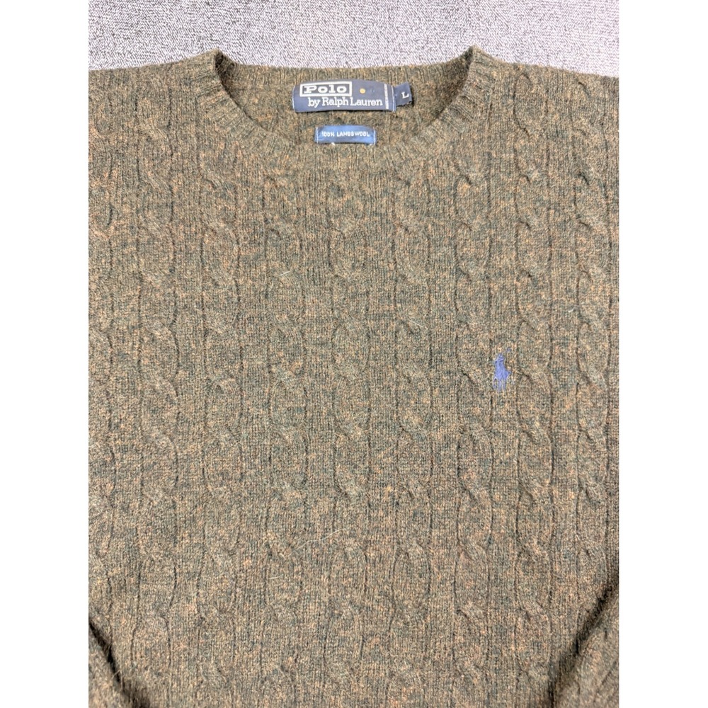 Polo Ralph Lauren Cable Knit Sweater Mens Large Green 100% Lambswool Crewneck - Picture 4 of 7